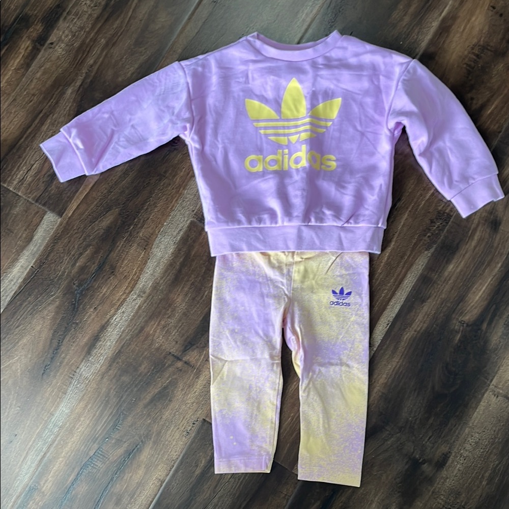 Adidas baby girl purple and yellow sweater and leggings matching set. 9-12 mnths